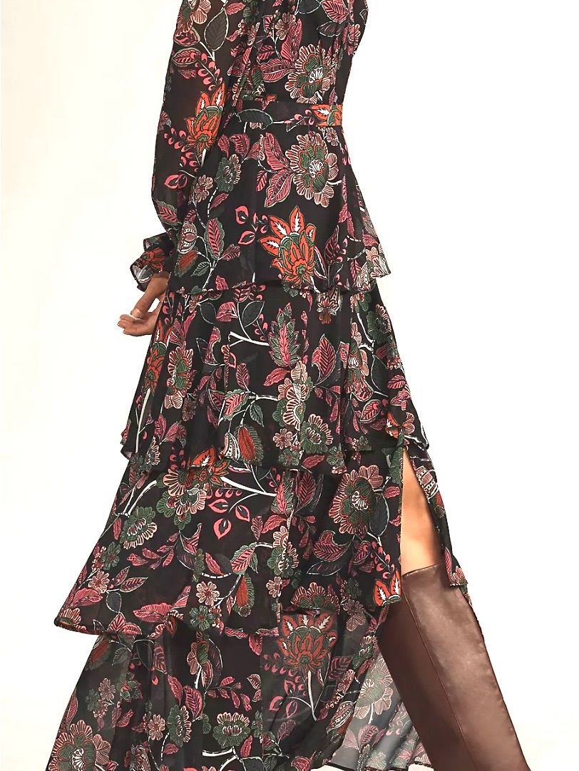 Hutch By Anthropologieblack Floral Tiered Maxi Skirt With Pink And Green Accents